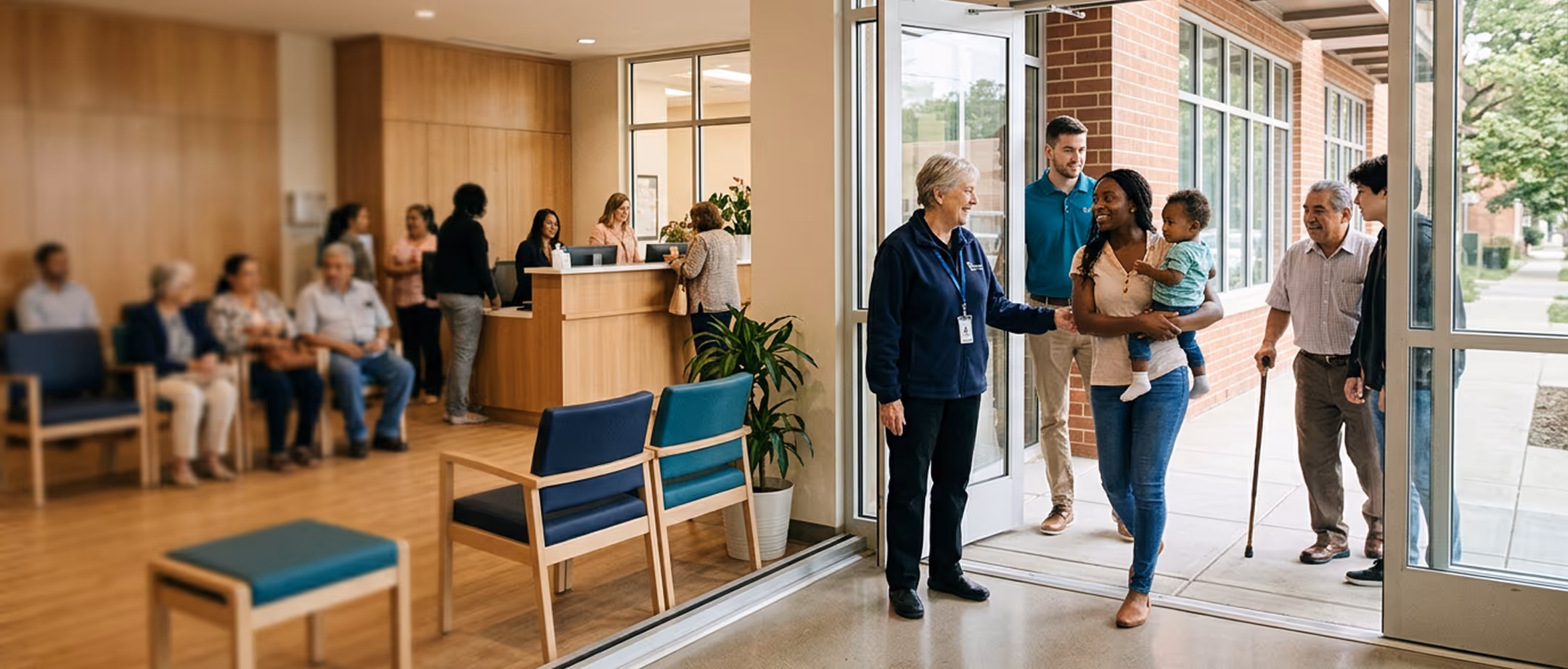 Receptionist greets a family entering a medical clinic with patients seated in the waiting area.