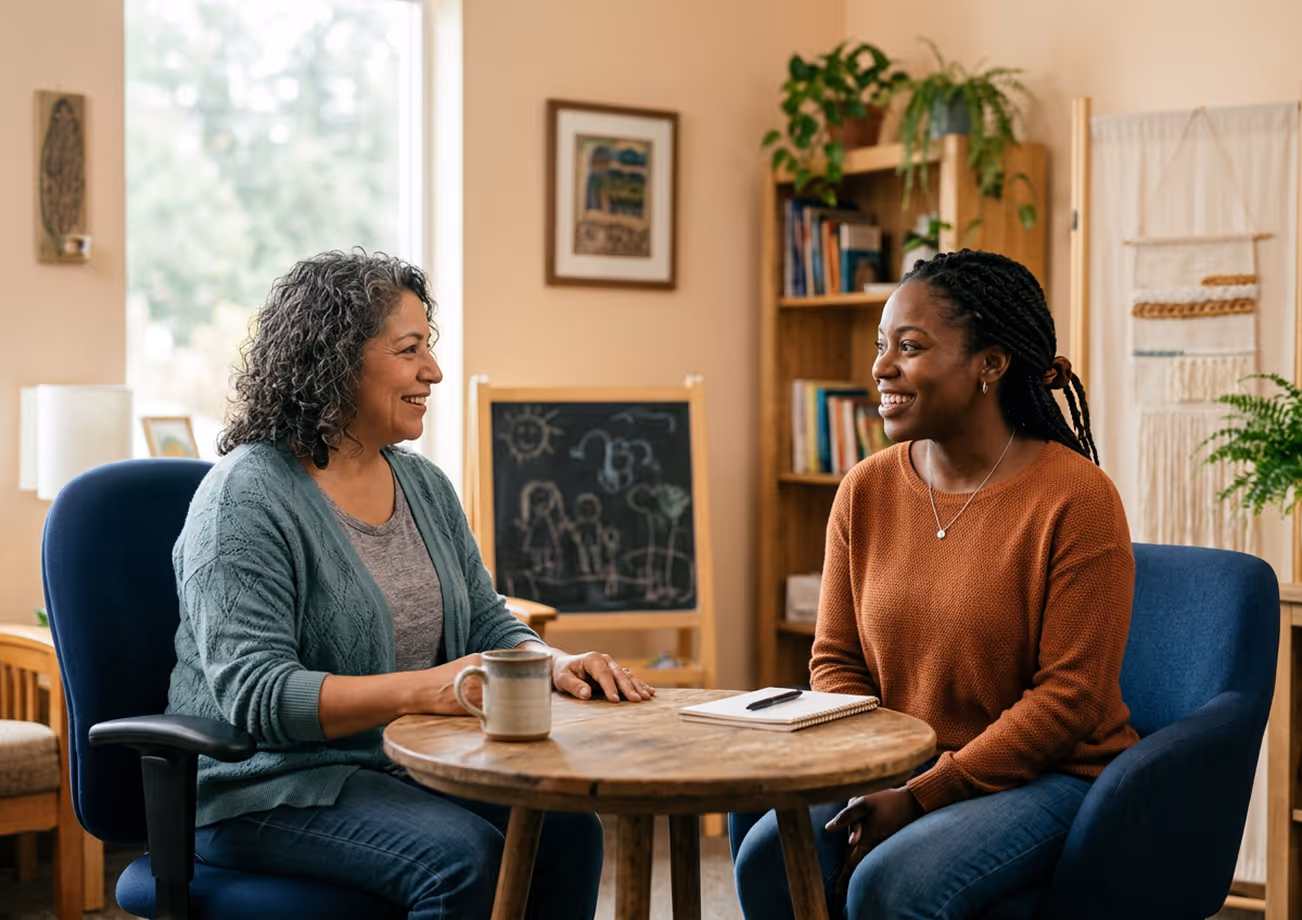 Two women sitting at a round table in a cozy room, smiling and talking with a notebook and coffee mug.