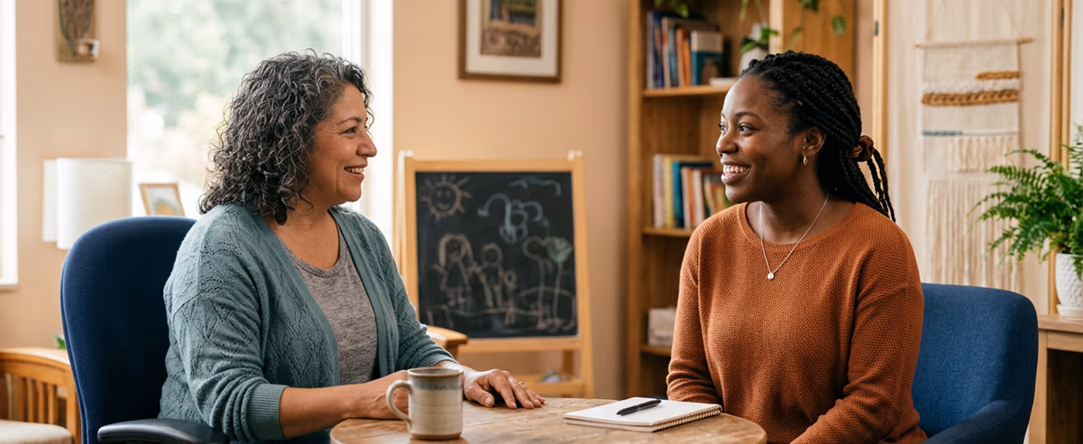 Two women smiling and talking across a table in a cozy room with books and plants.