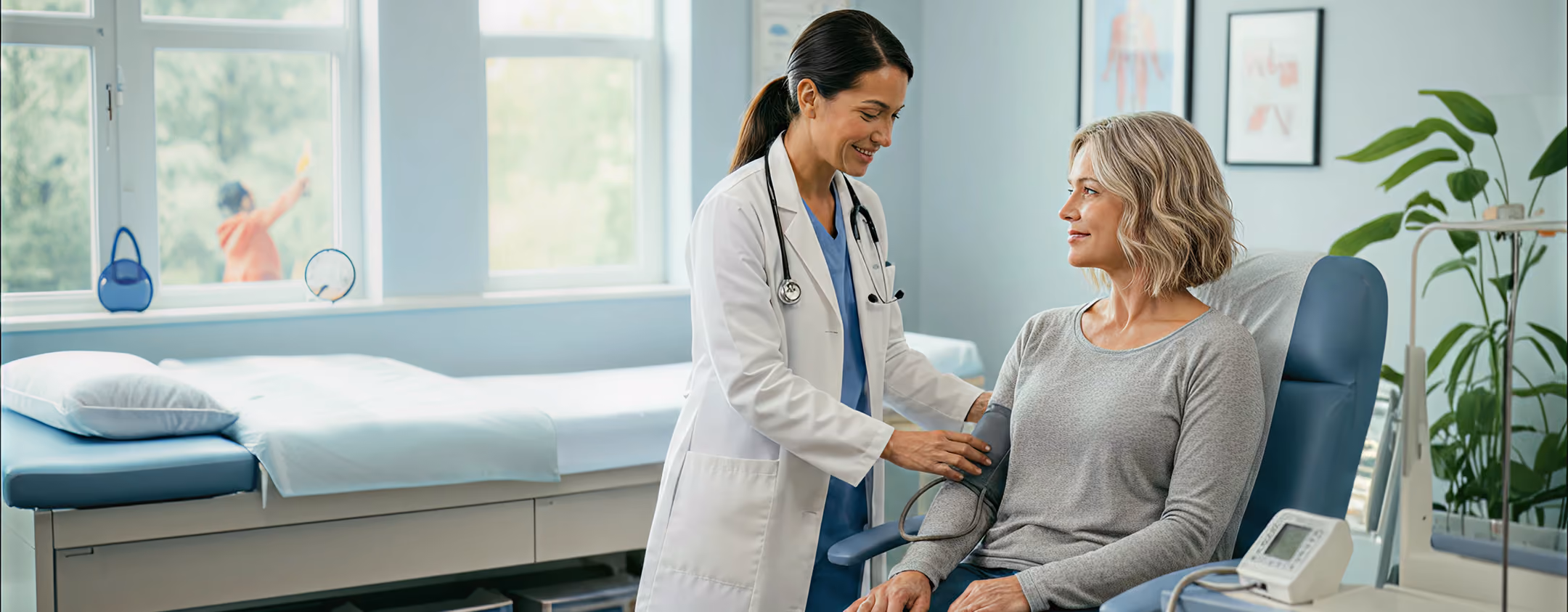 Doctor smiling while taking a seated woman's blood pressure in a bright medical exam room.