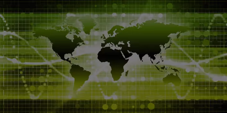 Green digital world map representing a global business network