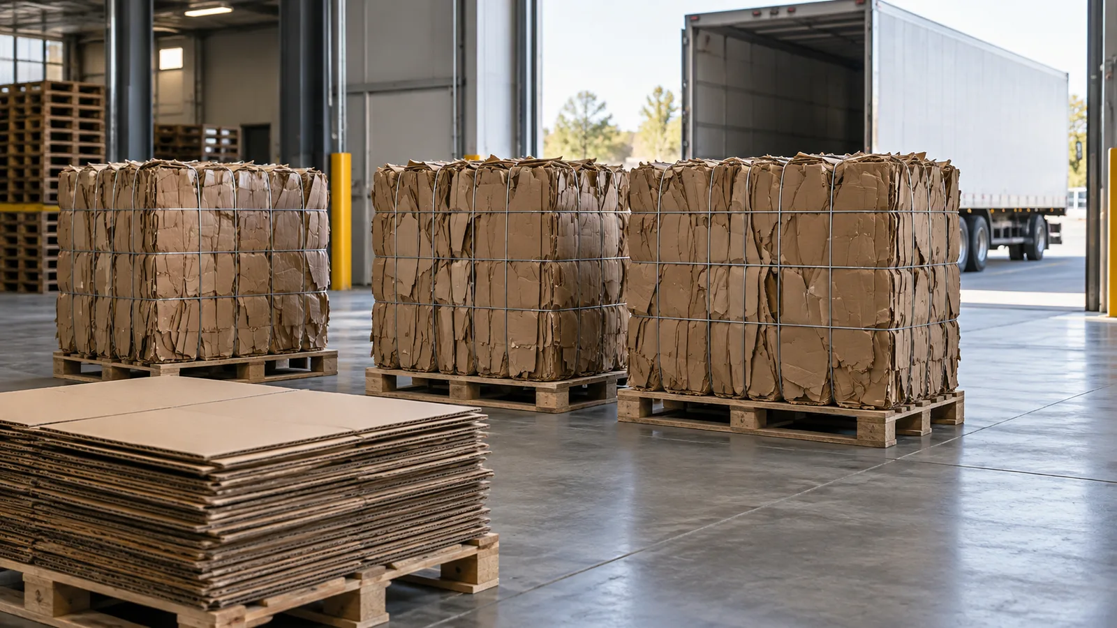 Baled cardboard on pallets at a warehouse loading dock beside a trailer