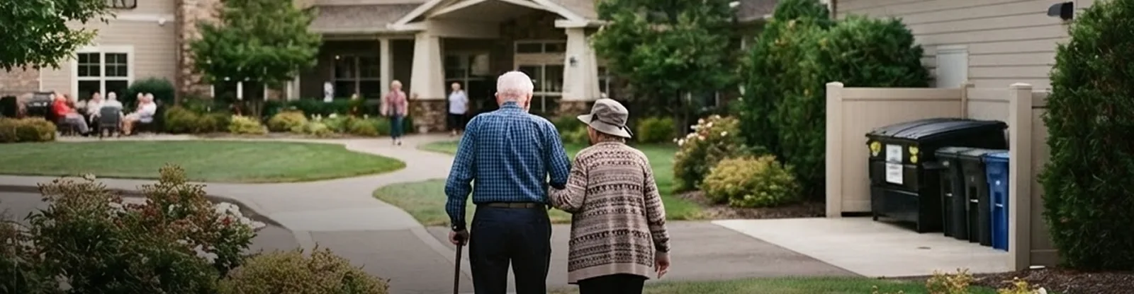 Older couple walking arm in arm toward a senior living community, with waste and recycling bins beside the building