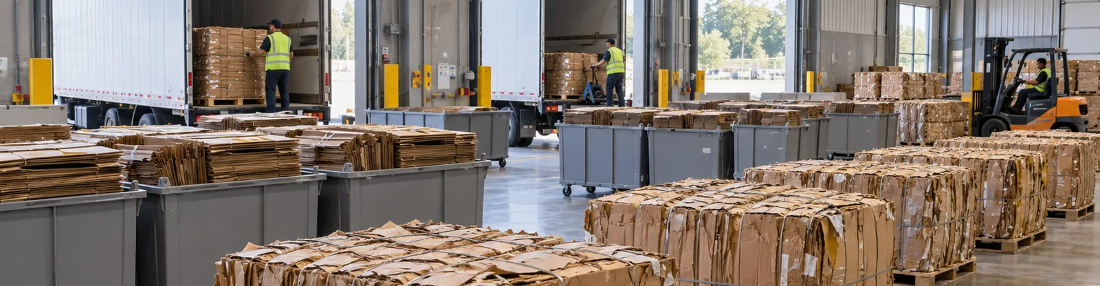 Baled cardboard on pallets and loaded recycling bins at a busy distribution center loading dock