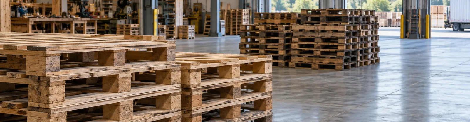 Stacks of used wooden pallets sorted for reuse and recycling inside a warehouse near open dock doors