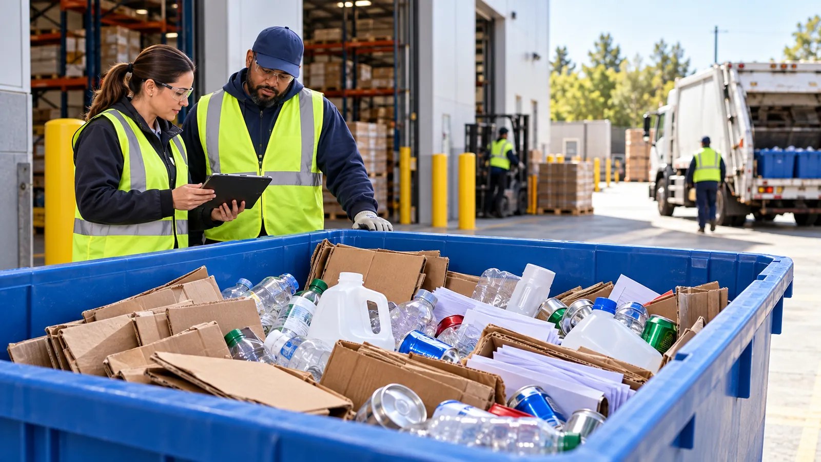 Two facility workers in safety vests review a tablet beside a blue bin of mixed cardboard, bottles and cans at a loading dock