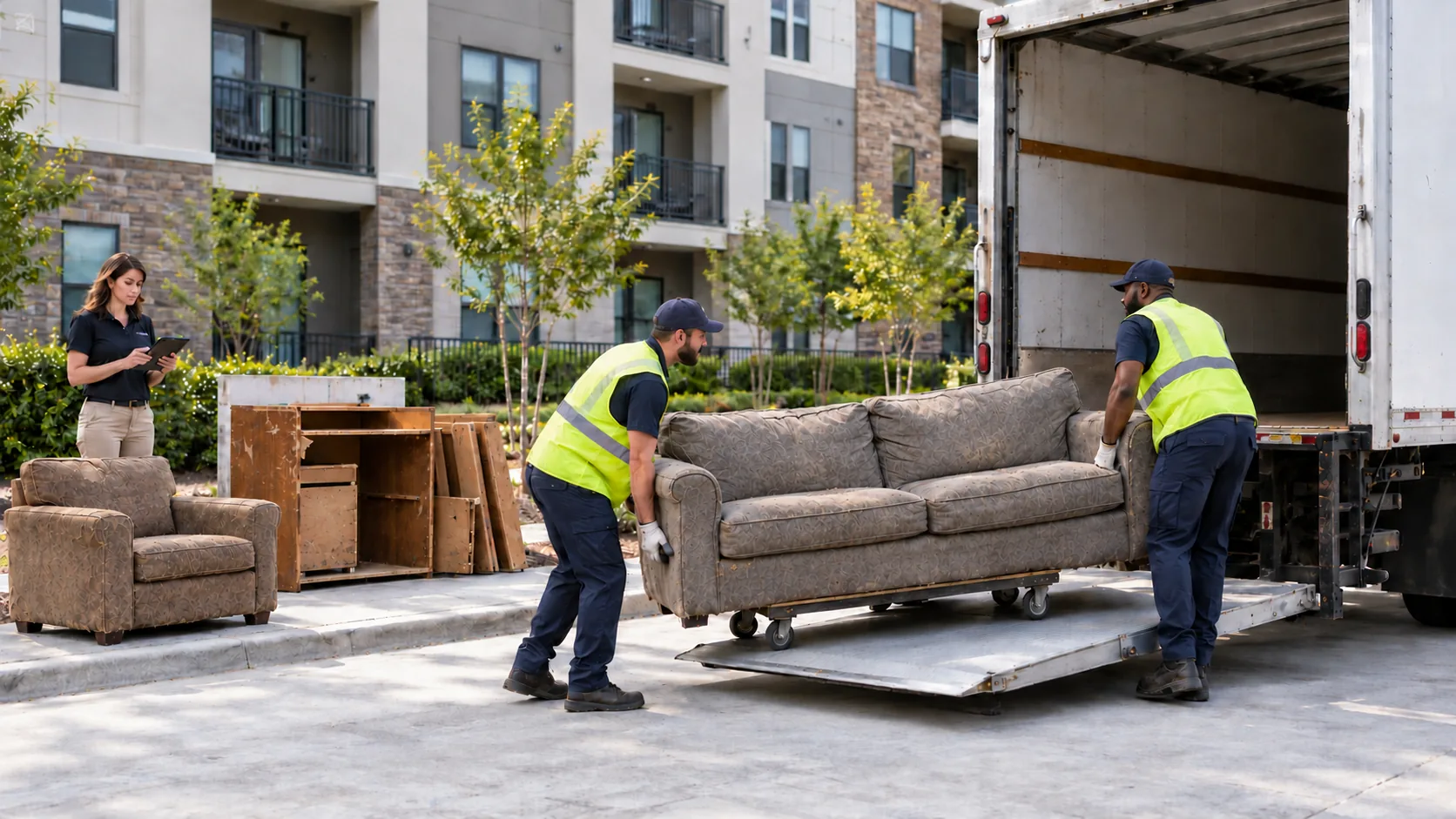 Two workers in safety vests load a worn patterned sofa onto a truck lift gate outside an apartment building as a property manager with a tablet looks on