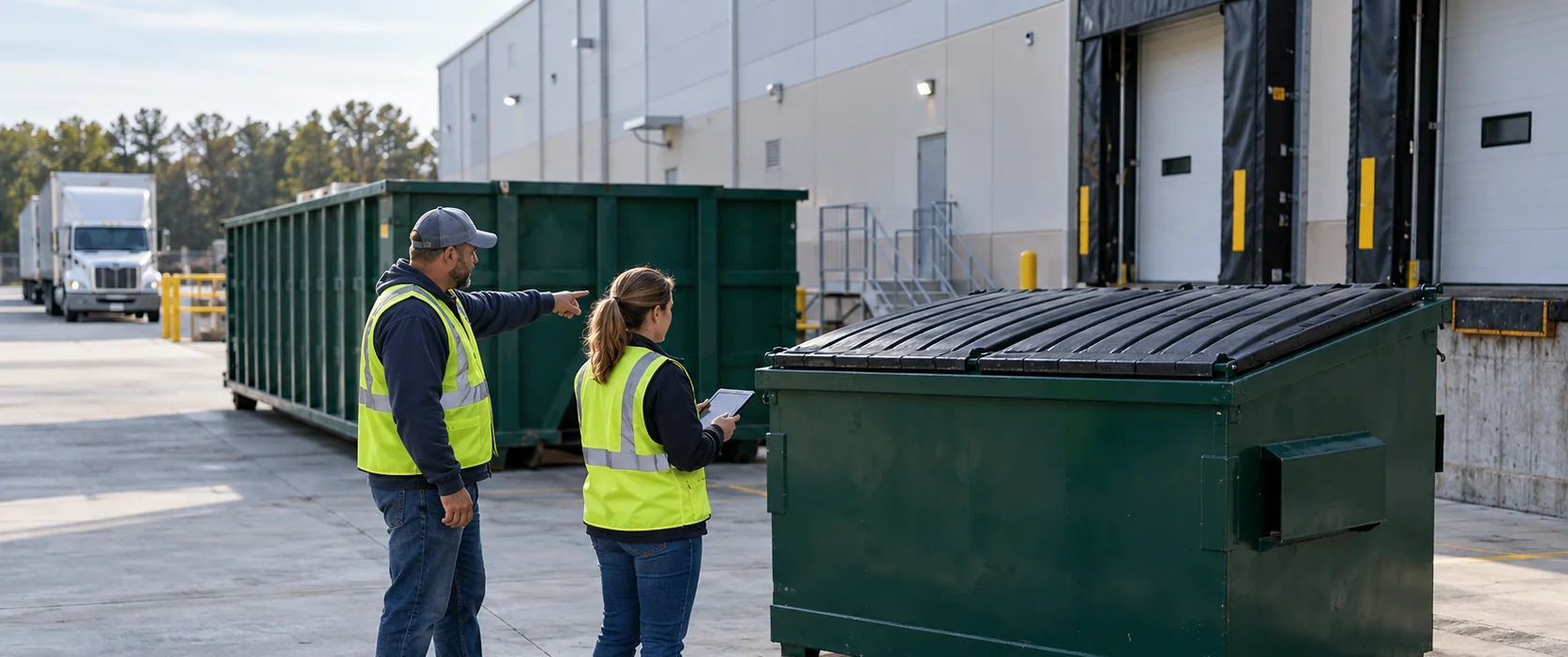 Two workers in safety vests at a warehouse loading dock, one pointing toward a roll-off container while the other holds a tablet beside a green front-load waste container