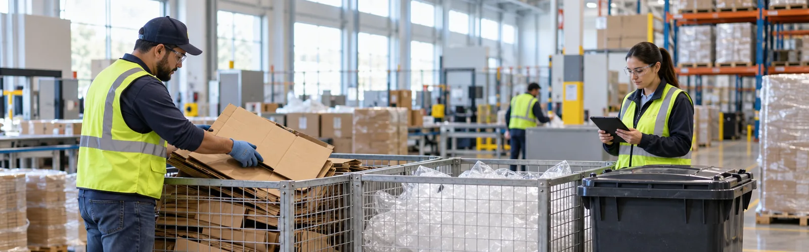 Two warehouse workers in safety vests sorting waste, one loading flattened cardboard into a wire cage beside a cage of plastic film while the other checks a tablet next to a black wheeled bin