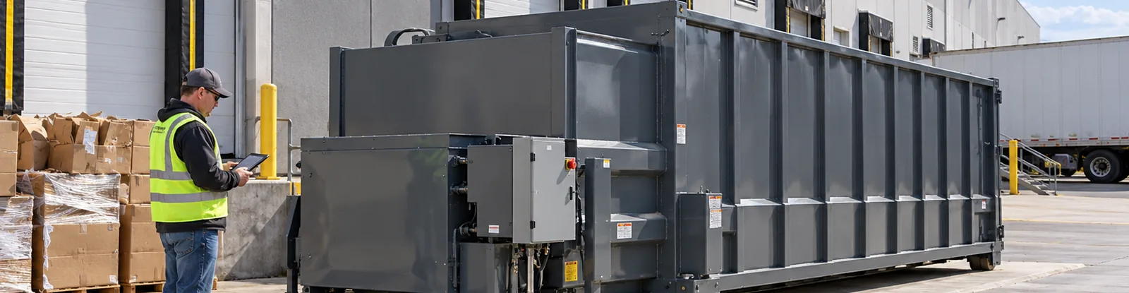 Facilities worker with a tablet beside a self-contained commercial trash compactor on a concrete pad at a warehouse loading dock