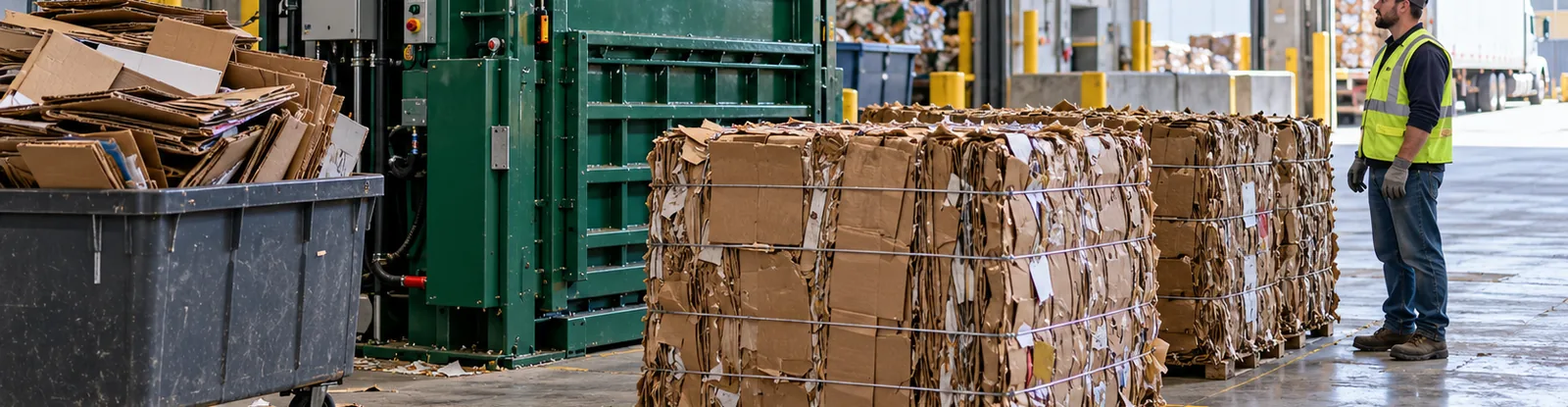 Green cardboard baler beside wire tied bales of OCC and a cart of loose boxes in a distribution center
