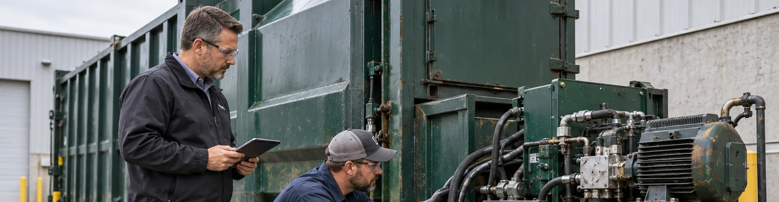 Technician inspecting the hydraulic power unit of a commercial trash compactor while a facilities manager reviews a tablet