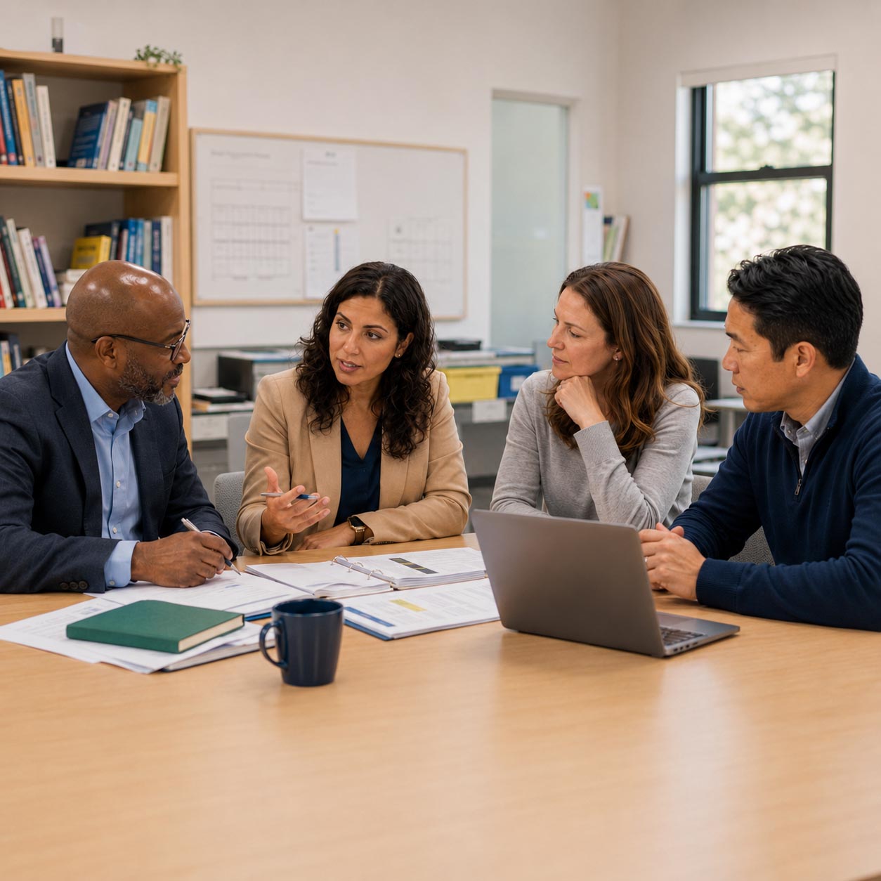 Four professionals collaborate over documents and a laptop in a bright office meeting room.