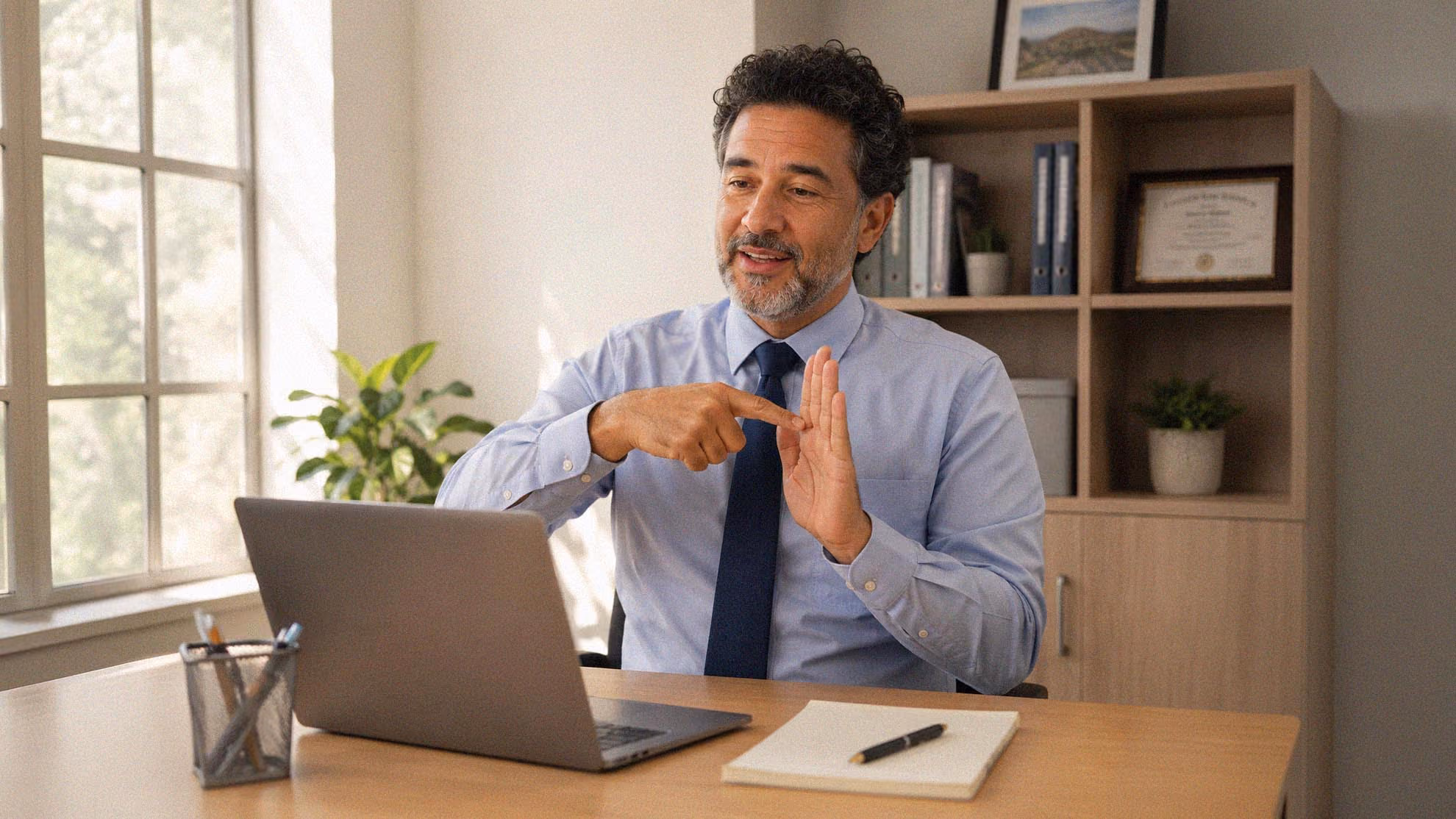 Man in blue shirt and tie signing with hands on a video call in an office setting.
