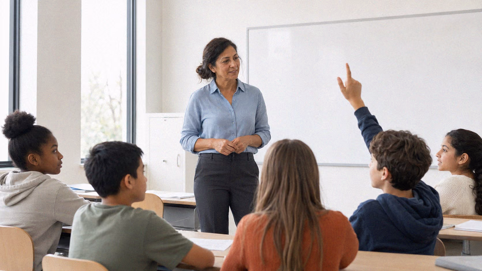Teacher standing in classroom engaging with students seated, one student raising hand to ask a question.