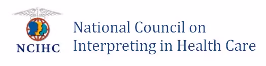 Logo of the National Council on Interpreting in Health Care featuring a caduceus above a globe with human profiles inside and the abbreviation NCIHC.
