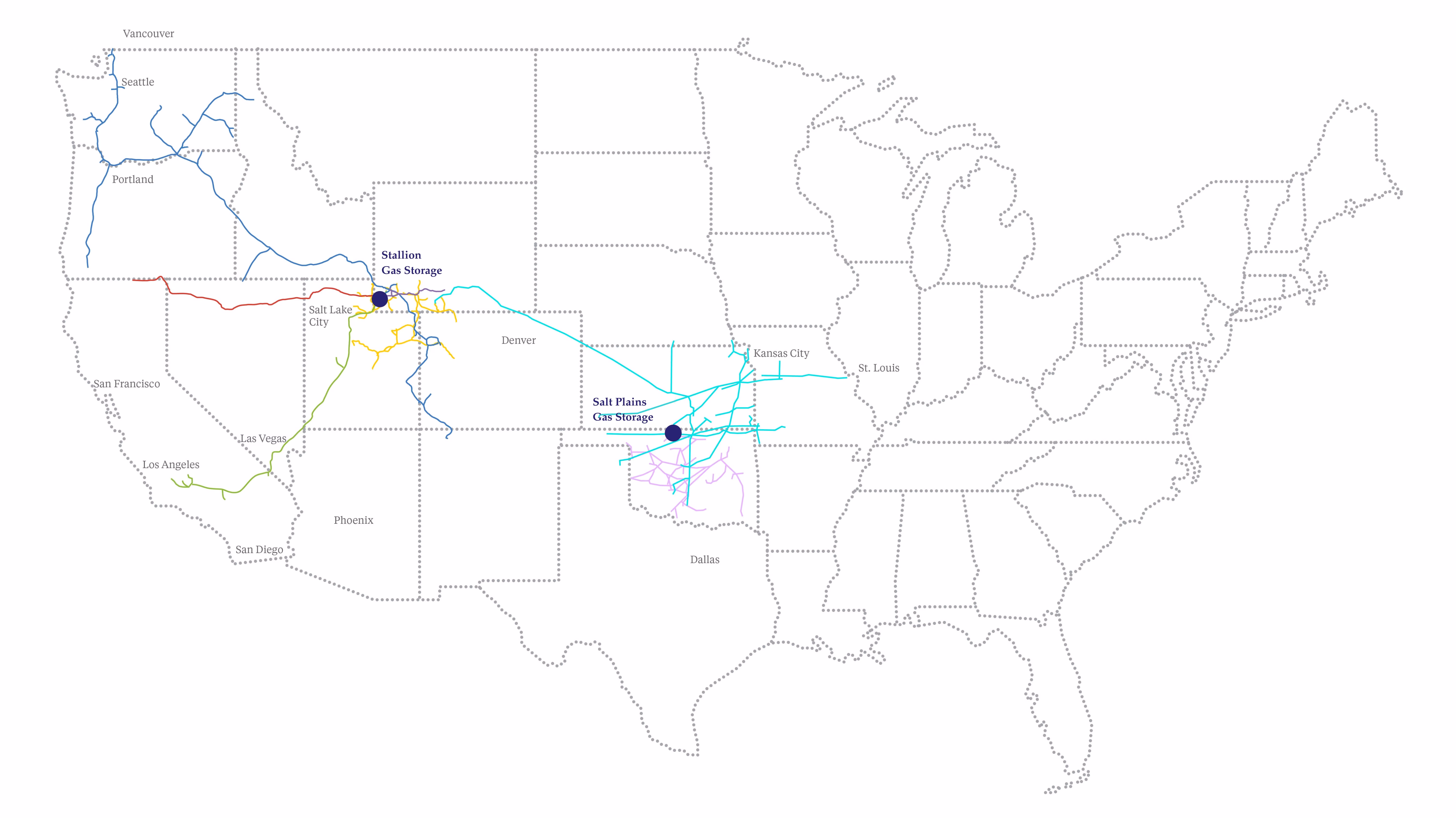 Map of U.S. Southwest showing pipeline networks and Stallion and Salt Plains gas storage locations.