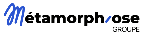 Logo du groupe Metamorphose avec un M stylisé bleu et texte en noir.