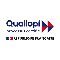 Logo Qualiopi avec le texte processus certifié et République Française avec drapeau français.