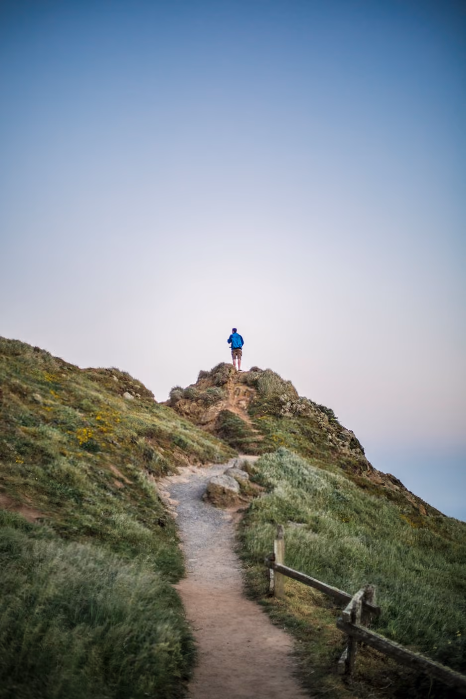 Person in blue jacket standing on a rocky hilltop at the end of a dirt path surrounded by green grass.
