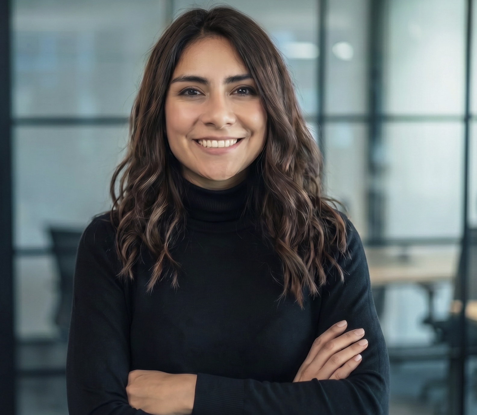 Valeska Montalvo, CEO y fundadora de VMO Creative Studio, sonriendo con los brazos cruzados