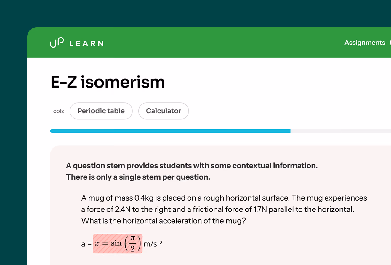 Up Learn Course page titled E-Z isomerism with a physics question about a mug's horizontal acceleration given forces and mass.