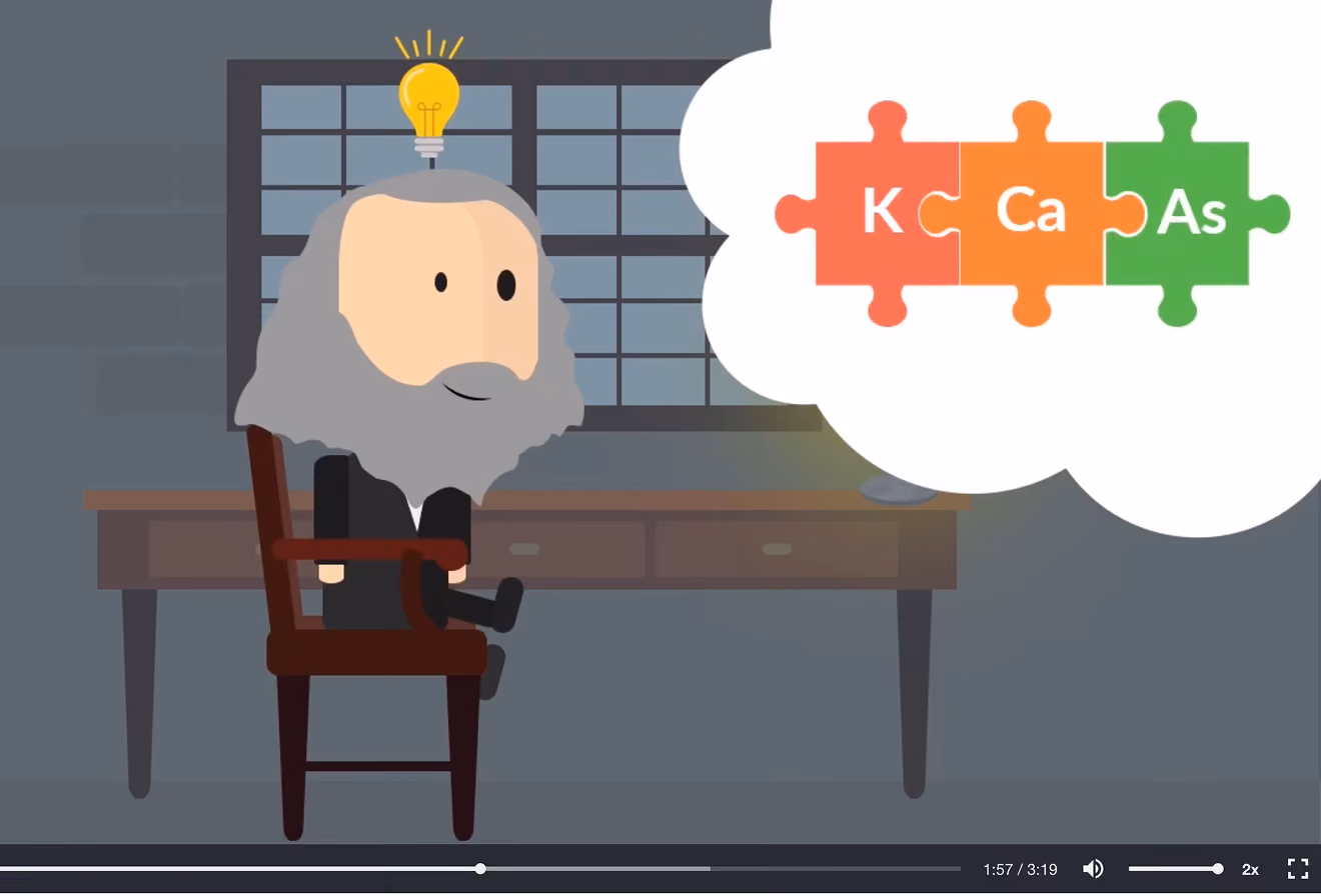 Cartoon of a man with gray beard having a lightbulb idea and puzzle pieces labeled K, Ca, As in a thought bubble.