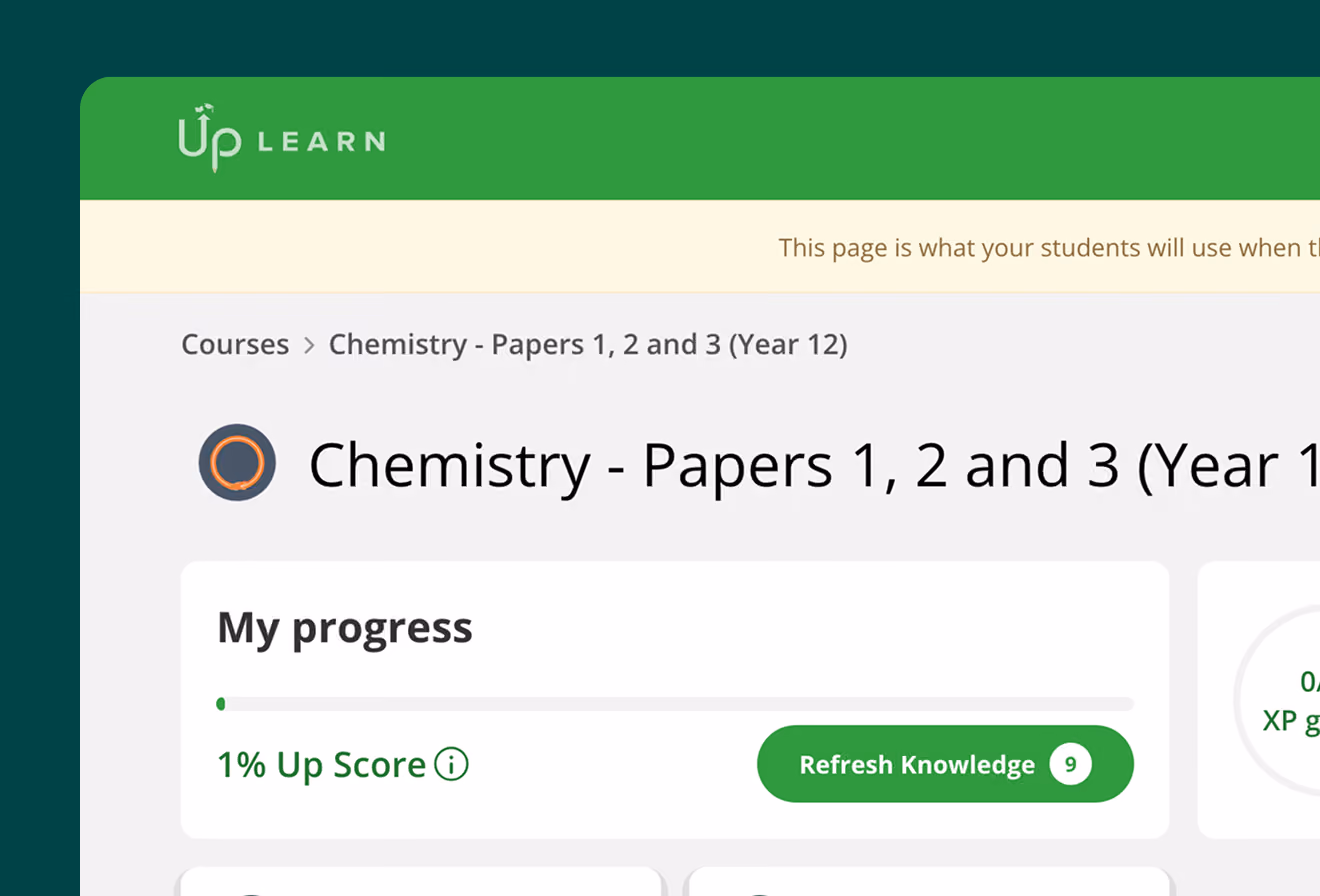 Up Learn progress page for Chemistry Year 12 showing 1% score and refresh knowledge button.