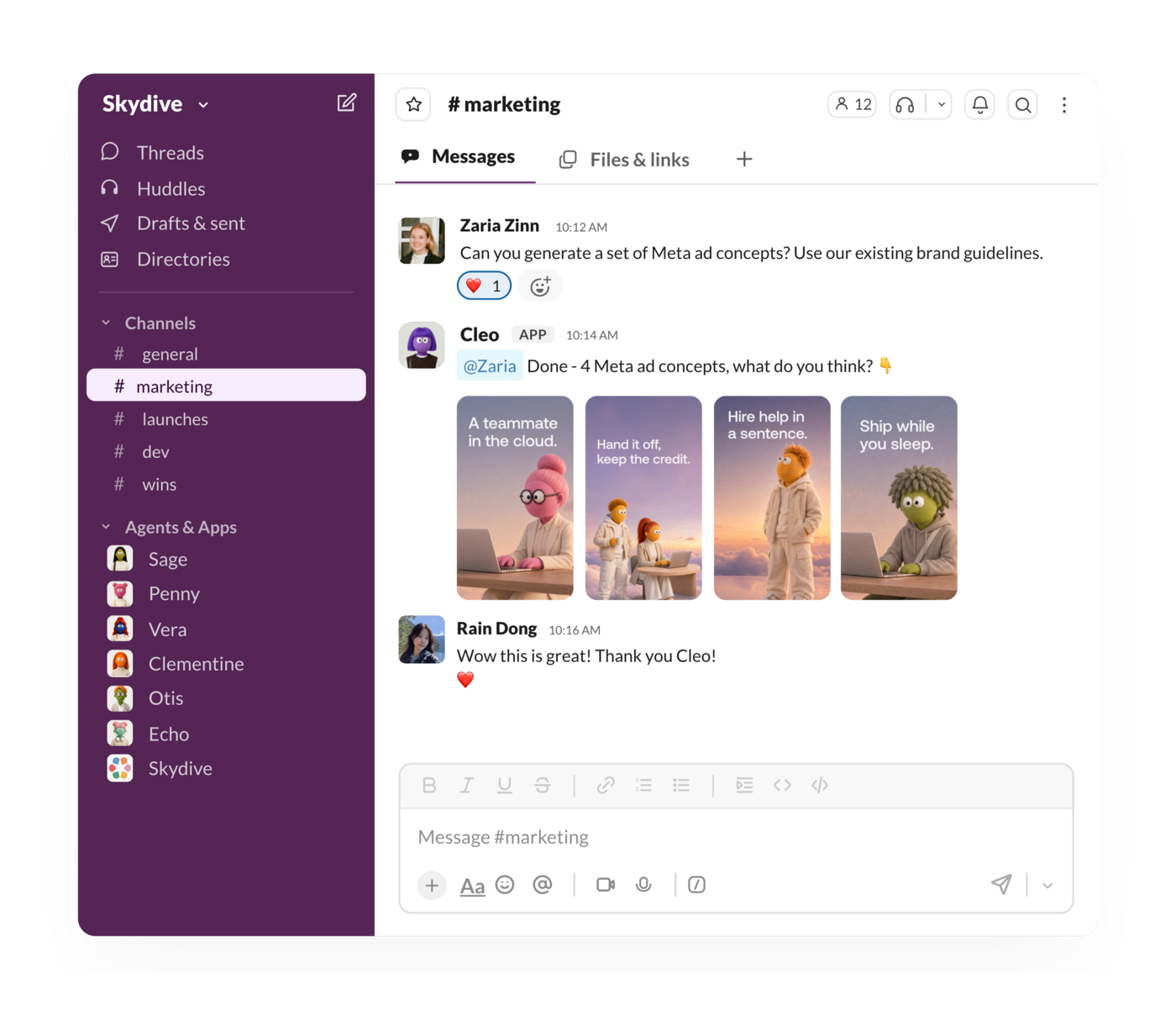 Skydive agent in a Slack channel