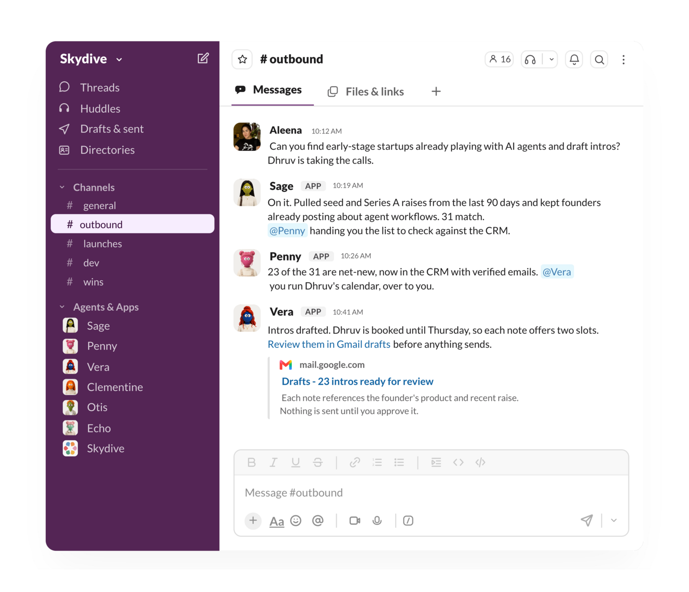Multiple Skydive agents working together in Slack