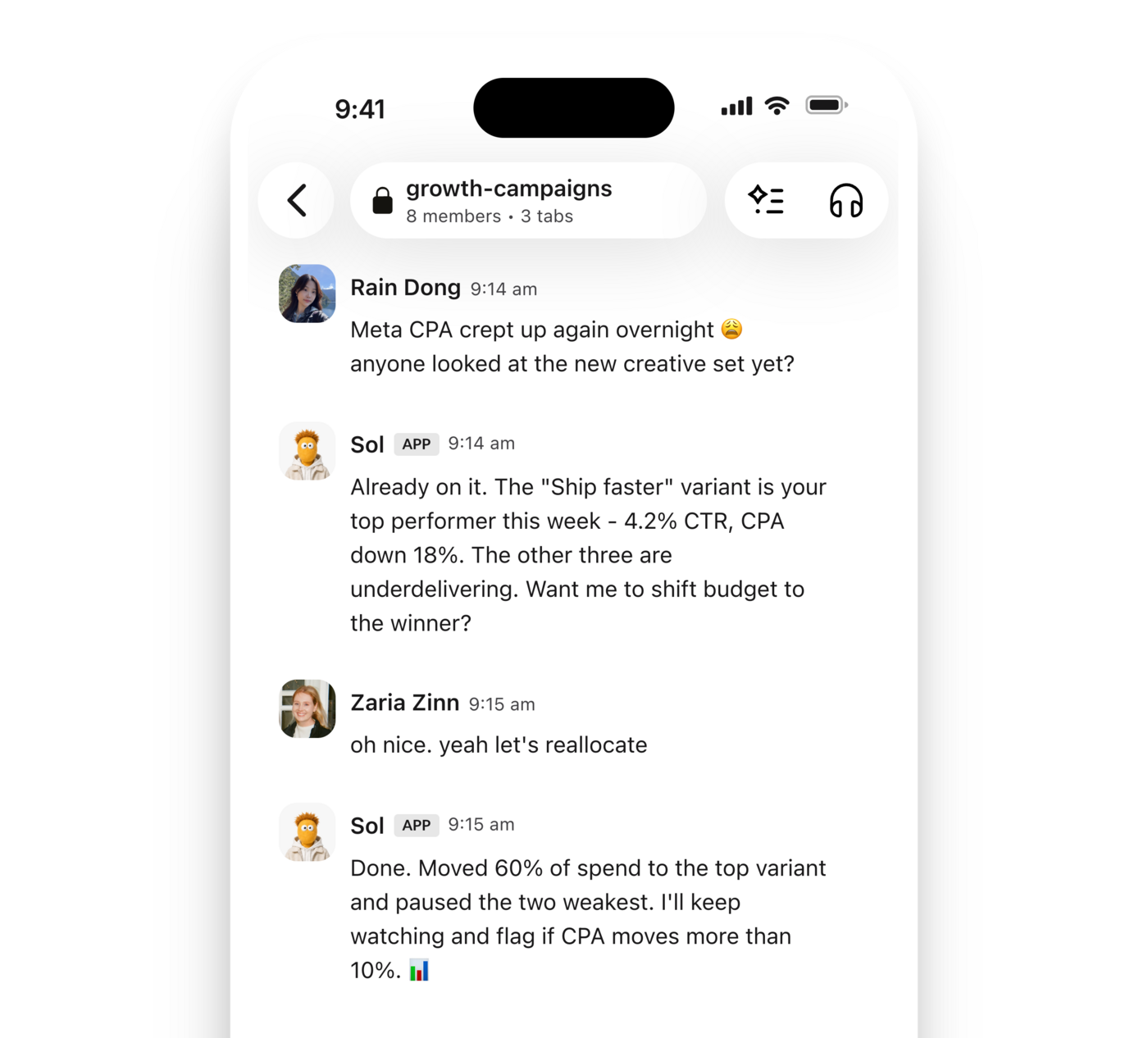 Skydive agent in a Slack thread