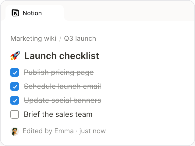 Notion launch checklist edited by an agent