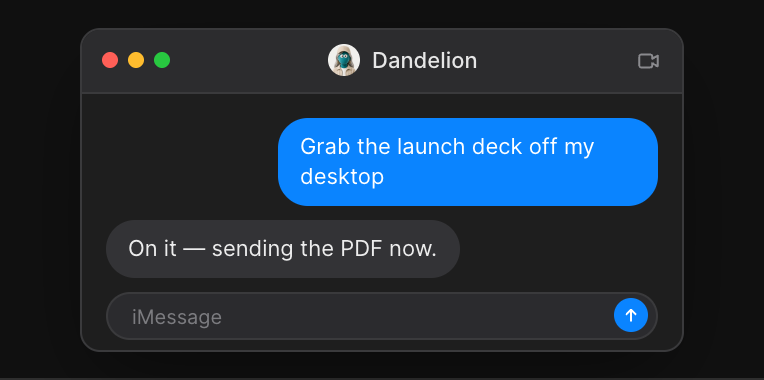 Messages thread texting an agent to grab the launch deck off the desktop