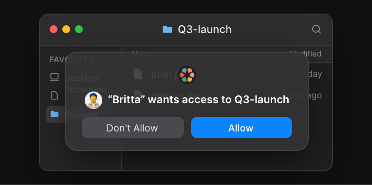 Finder window with a permission sheet asking to allow an agent access to a folder