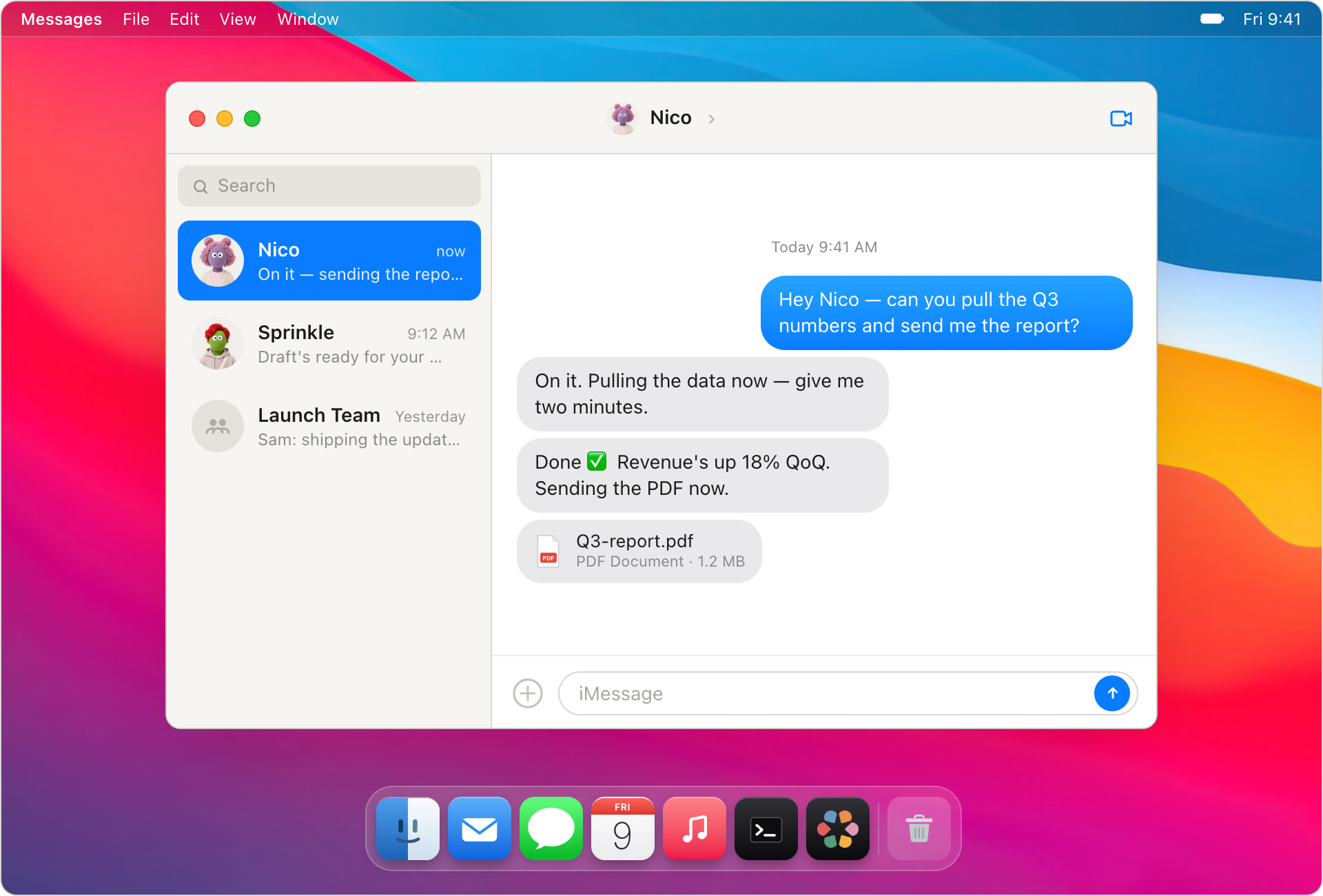 macOS Messages app showing a texting conversation with an agent named Nico about a Q3 report
