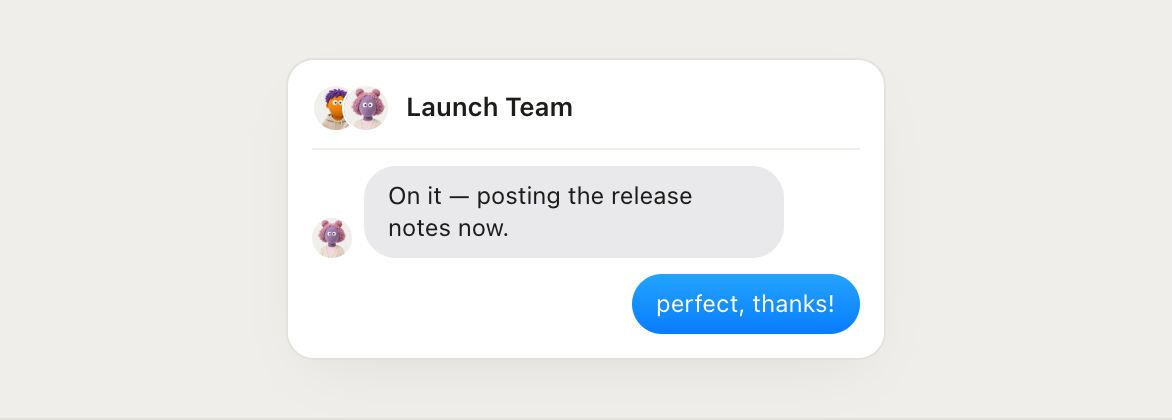 Group chat thread where an agent replies alongside teammates