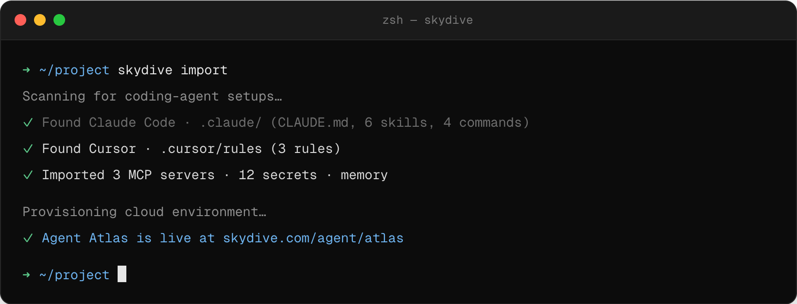 Terminal running skydive import