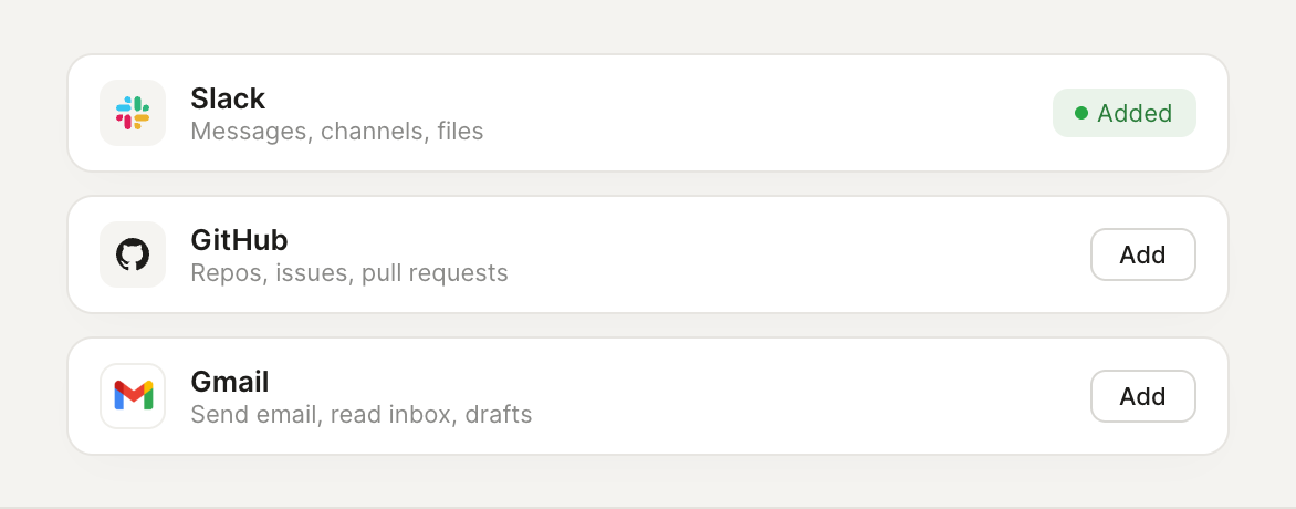 Connect Slack, GitHub, and Gmail channels to an agent