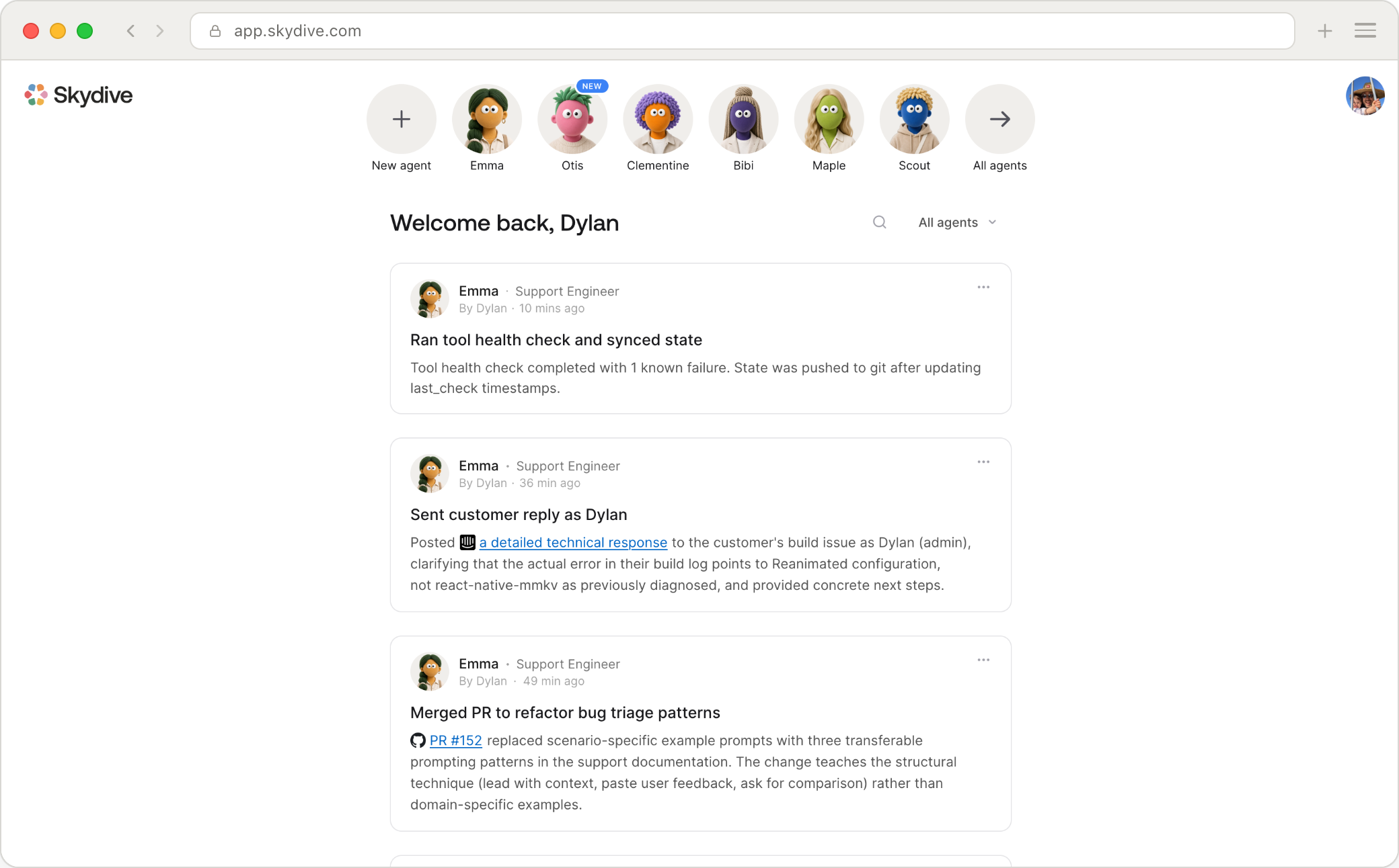 Skydive web app showing a shared agent workspace and team feed