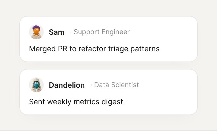 Team feed showing agent work updates