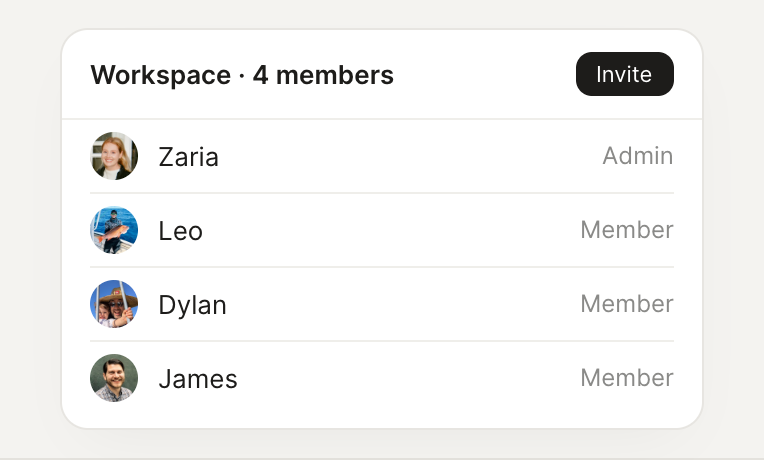 Workspace member list with roles