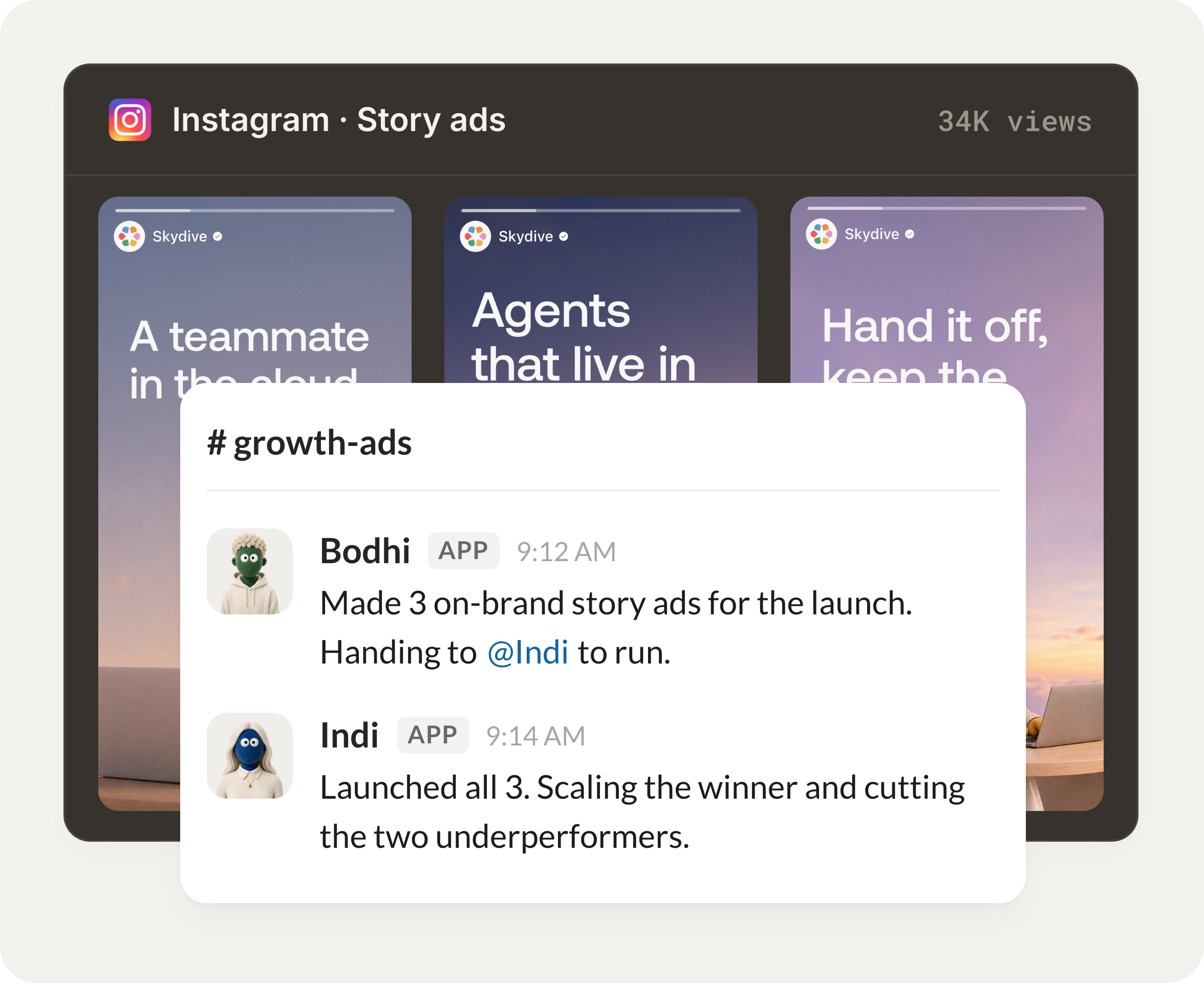 Skydive agents at work in Slack