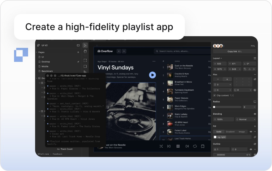 Designer template building a playlist app in Paper