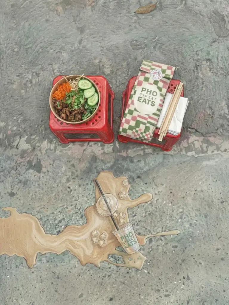 Illustration of a meal setup on two small red plastic stools with a bowl of Vietnamese food featuring sliced cucumbers, herbs, and grilled meat on one stool.