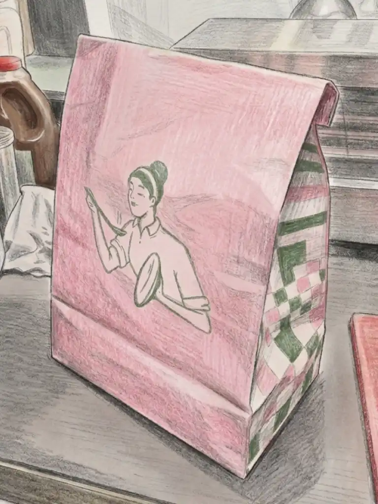 Illustration of a pink paper bag on a countertop with a woman eating noodles, holding a bowl and chopsticks with a green headband.