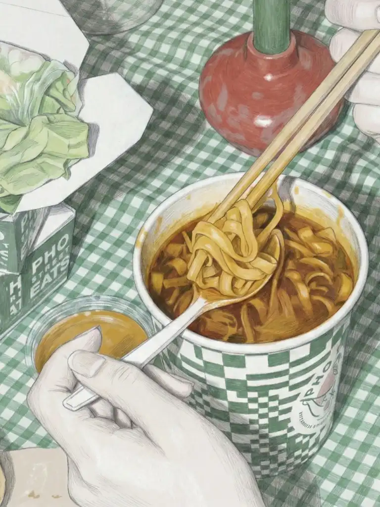 Illustration of hands holding chopsticks and a spoon above a green and white checkered cup filled with pho noodles in broth on a green checkered tablecloth.