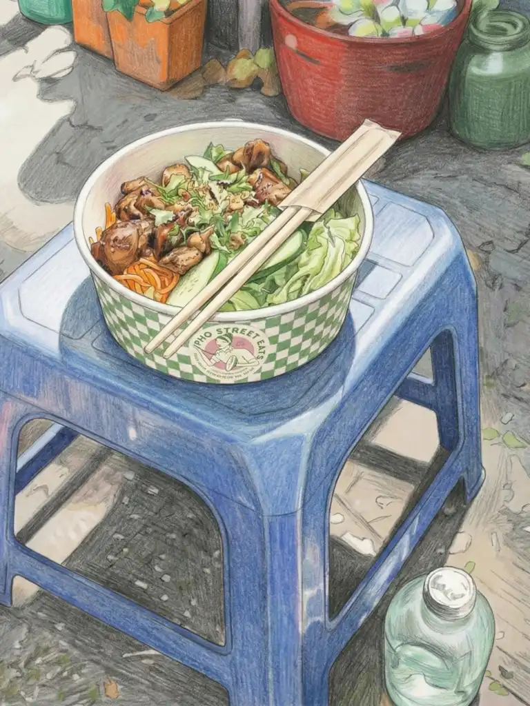 Illustration of a bowl of Vietnamese food with grilled meat, fresh vegetables, and herbs, placed on a blue plastic stool with chopsticks resting on the bowl.