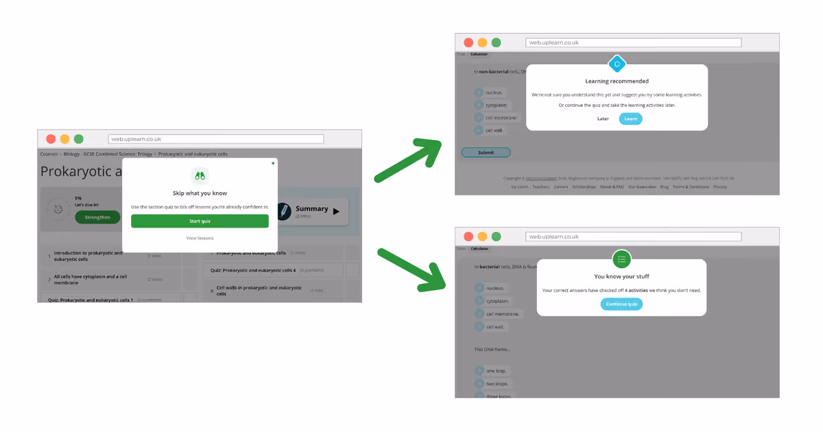 Three screenshots showing the student's view of the Up Learn platform with different paths based on the smart routing feature