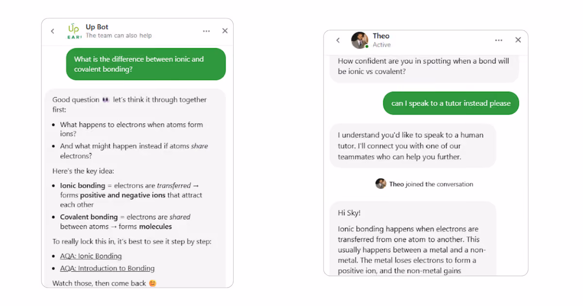 A screenshot showing a conversation a student is having with Up Learn's Up Bot chat and another with a student talking with a tutor through the chat