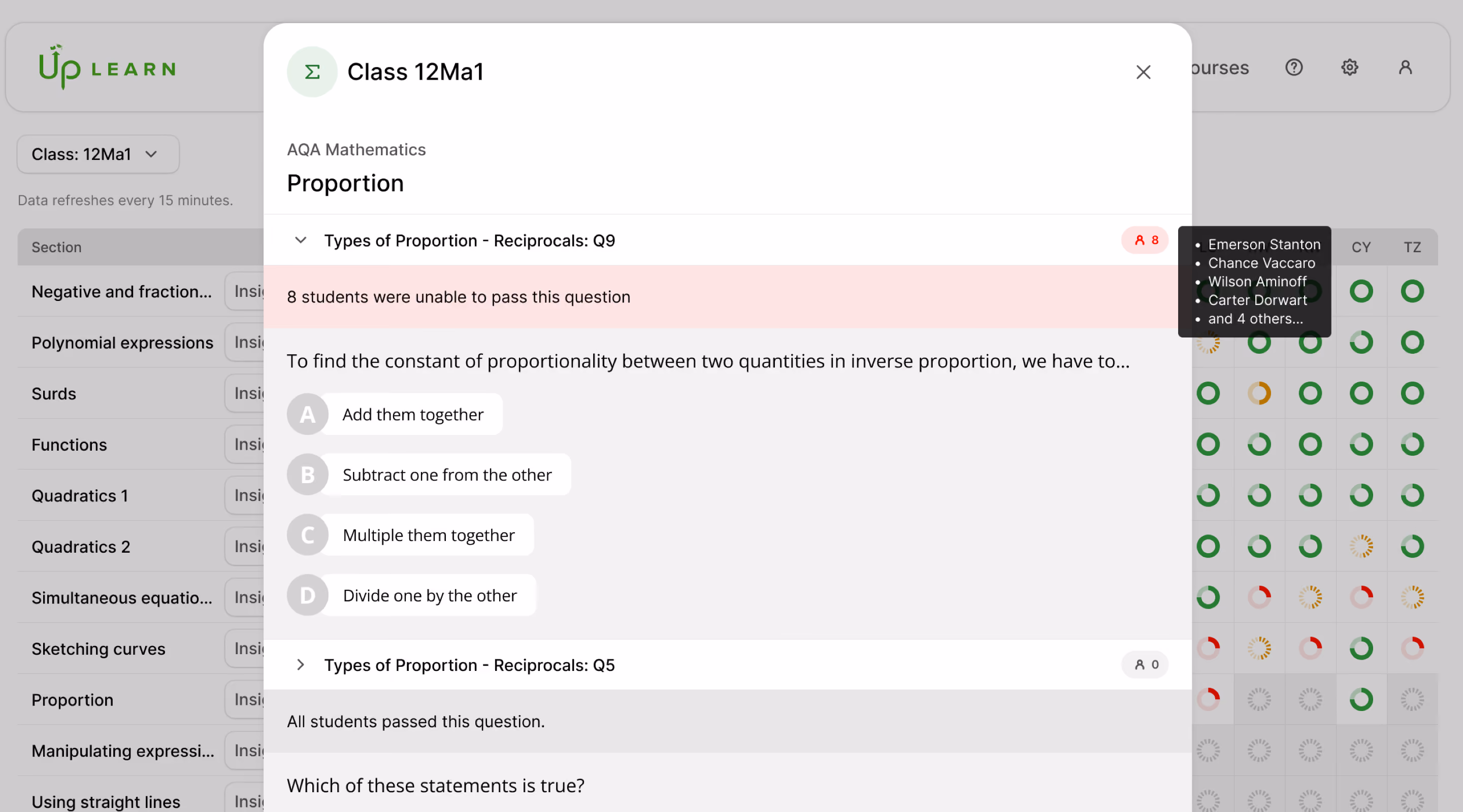 A screenshot showing a breakdown of response data for a particular question in Up Learn's learning platform